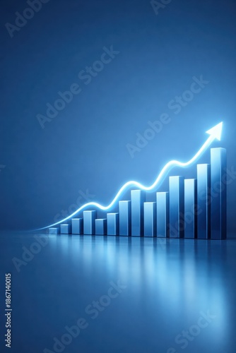 Blue rising bars with glow, financial growth and analytics concept