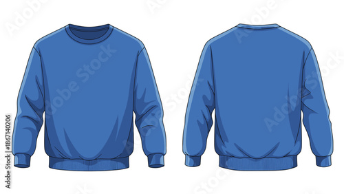 Blue sweatshirt template showing front and back views for clothing design and apparel mock-up purposes in a detailed vector illustration.