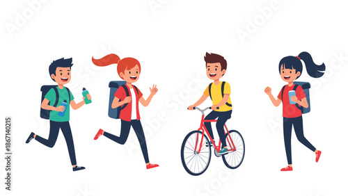 Group of cheerful school children with backpacks running and riding a bicycle towards their educational journey in a vibrant vector art.