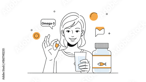 Smiling woman promoting healthy habits by taking an omega-3 fish oil supplement capsule with a glass of water in a line art illustration.