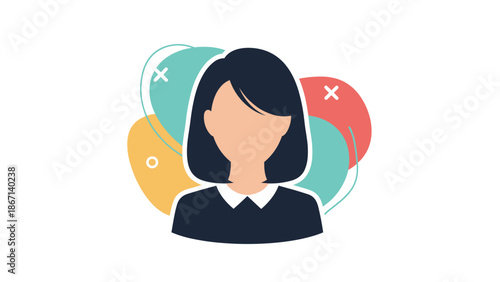 Minimalist professional avatar of a faceless woman with dark hair and a white collar against a vibrant abstract background in vector.