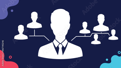 Business hierarchy and networking concept showing a leader silhouette connected to various team members in a professional diagram.