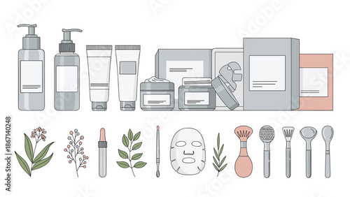 Diverse collection of skin care products including lotions, creams, serums, and facial masks accompanied by natural botanical leaves.