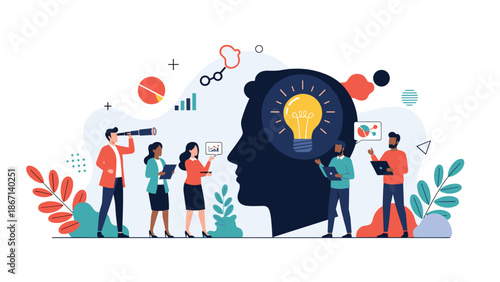 Brainstorming and innovation concept with tiny people working around a large human head silhouette containing a glowing lightbulb.
