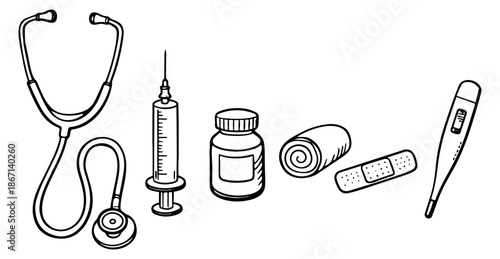 Hand drawn line art medical tools set featuring a stethoscope, syringe, medicine bottle, bandage, and thermometer for healthcare and first aid concepts
