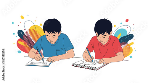 Two young students sitting together at a table focused on their creative tasks of writing and drawing in a colorful vector art.