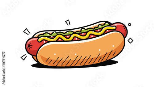 Delicious looking cartoon hot dog with mustard and relish toppings on a soft bun against a clean white background in vector.