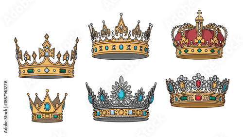 Set of diverse royal golden crowns decorated with various gemstones like emeralds, rubies, and sapphires in a detailed vector style.