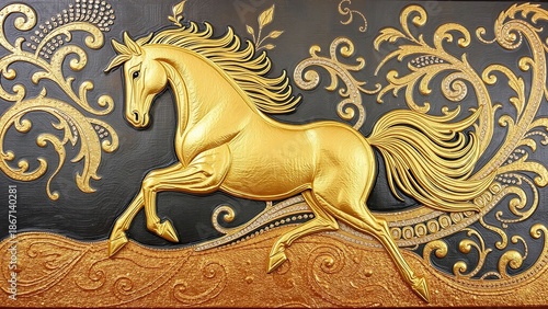 Majestic Golden Stallion in Exquisite Thai Relief Sculpture: A Symbol of Prosperity and Power for Luxury Interior Decor