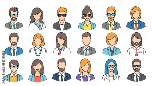 Diverse collection of colorful cartoon-style avatars representing various people with different hair styles and professional clothing.