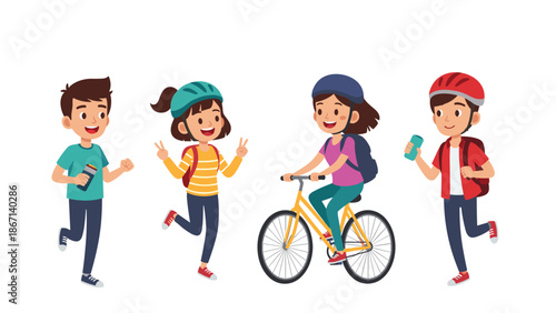 Active group of children with backpacks and safety helmets running and riding a bicycle outdoors in a flat vector illustration.