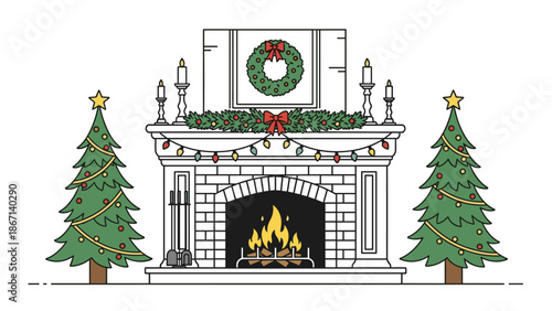 Cozy traditional living room fireplace decorated with a Christmas wreath, garland, and stockings flanked by two decorated trees.