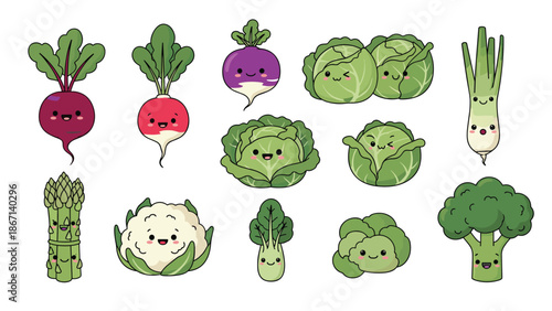 Adorable collection of various vegetable characters with cute smiling faces including broccoli, cauliflower, carrots, and cabbage.