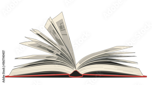 Detailed illustration of an open book with many pages fluttering and flying up into the air representing knowledge and storytelling.