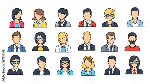 Professional avatar icons set depicting a wide variety of diverse men and women wearing formal business attire for corporate use.