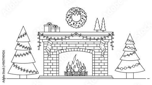 Cozy Christmas fireplace line art coloring page features decorated trees a festive wreath and stockings hanging for the holidays.