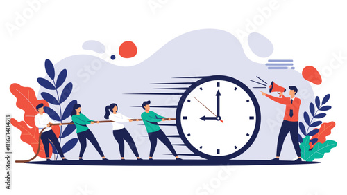 Unified business group works hard pulling a giant clock rope to manage strict deadlines and overcome intense time pressure together.