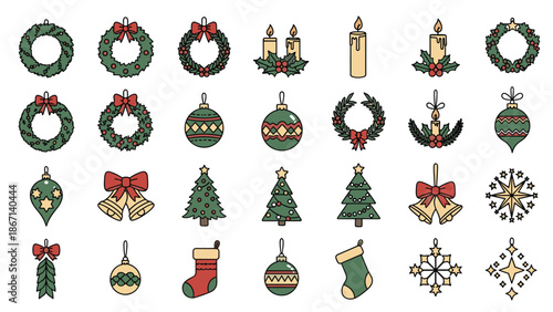 Diverse collection of colorful Christmas ornaments and icons including wreaths bells trees stockings and candles for holiday design.