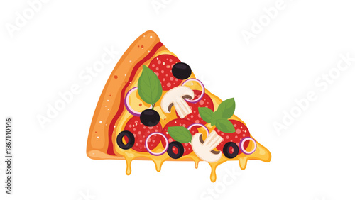 Delicious slice of Italian pizza with pepperoni black olives mushrooms red onions and fresh green basil leaves on a white background.