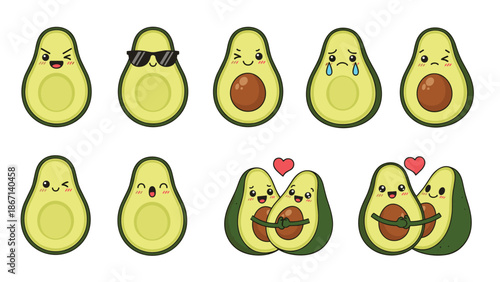 Adorable set of cute avocado characters featuring different funny faces and emotional expressions on a clean white background.