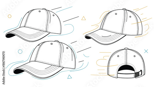 Dynamic illustrations of a white baseball cap featuring motion and speed lines to represent fast movement and athletic energy.
