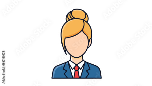 Professional female avatar icon features a woman with a blonde bun hairstyle wearing a formal dark blue business suit and red tie.