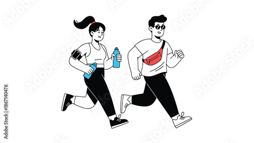 Active man and woman enjoy jogging together while carrying fitness accessories and water bottles for a healthy outdoor workout session.