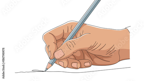 Close up view of a hand holding a sharp pencil and carefully drawing a thin line on a clean white piece of paper or document.