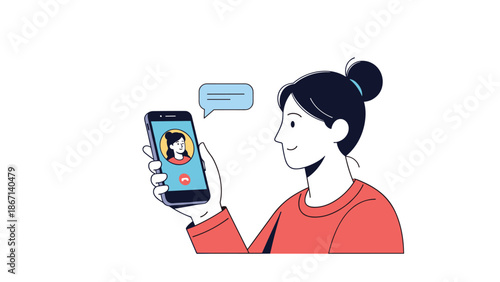 Cheerful woman holds a smartphone while making a video call to a friend showing the caller profile and a text message bubble above.