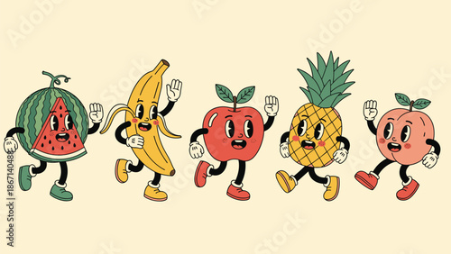 Fun retro style cartoon walking fruits with expressive faces including watermelon banana apple pineapple and peach characters.