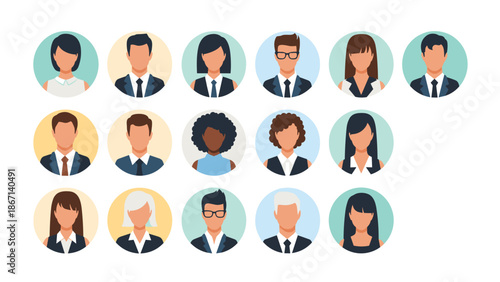 Professional circular avatar icons set features a wide variety of diverse men and women in corporate business attire for web apps.