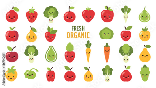 Large collection of cute and happy organic fruits and vegetables including strawberries, apples, carrots, and avocados.