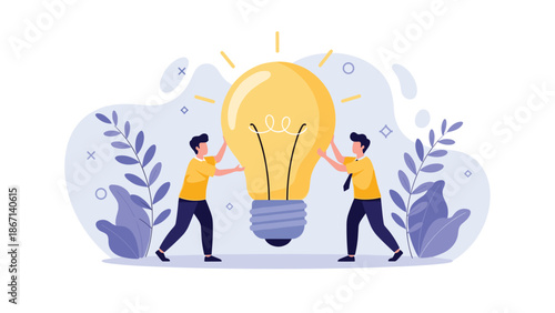 Two professional men collaborating and working together to support a giant glowing lightbulb representing a shared idea.
