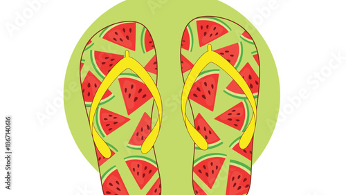 Stylish summer flip flops featuring a vibrant green and red watermelon slice pattern on the insoles and yellow straps.