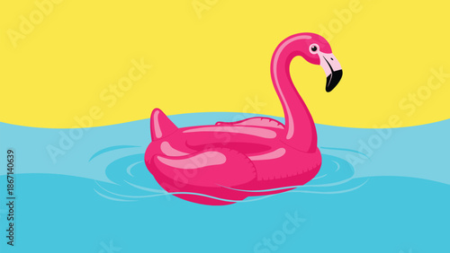 Vibrant pink inflatable flamingo pool float drifting on clear blue water under a bright yellow summer sky during vacation.