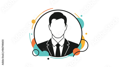 Professional male avatar icon featuring a man in a black suit with abstract colorful shapes and dots in the background.