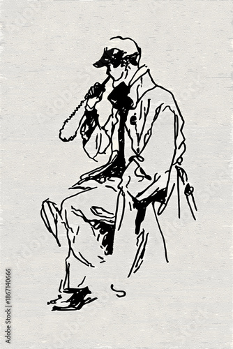 Minimalist Sketch of a Man in a Hat Using a Device