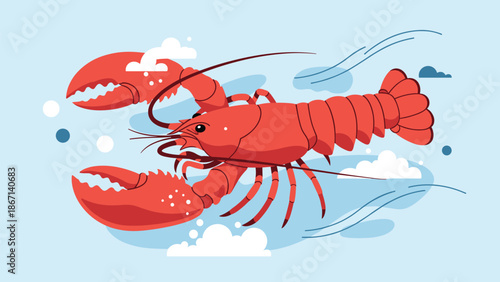 Vibrant red lobster swimming in the blue ocean with white bubbles and soft waves shown in a modern artistic illustration.