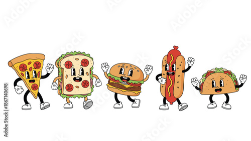 Group of cheerful fast food characters including pizza, sandwich, burger, hot dog, and taco with happy smiling faces.