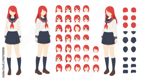 Redhead anime schoolgirl character design sheet includes multiple facial expressions and body angles for animation reference.