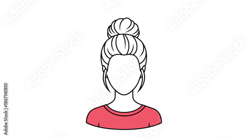 Simple line art portrait of a woman with her hair in a stylish top bun wearing a colorful pink shirt against white.