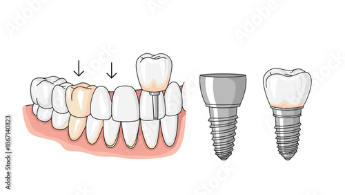 Dental implant procedure diagram illustrates the anatomical placement of a crown and metal post into the human jaw bone.