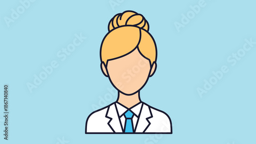 Professional female doctor avatar wearing a white lab coat and blue necktie with her blonde hair in a neat bun.