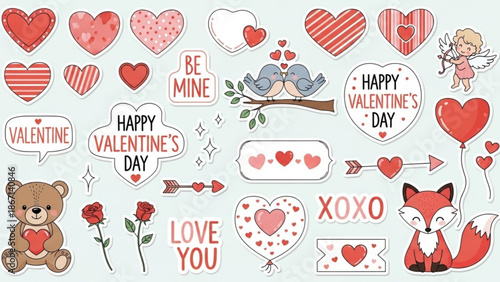 Valentines day clipart collection with hearts and cute characters for love and romance designs with greeting card and gift and tag with label