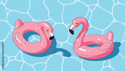 Two pink inflatable flamingo pool floats drift peacefully on the surface of bright blue water with gentle ripples.