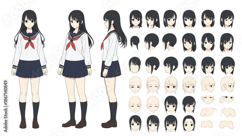 Anime schoolgirl character design template features a girl with dark hair and a traditional sailor style school uniform.