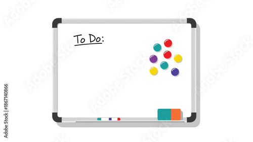 Magnetic whiteboard for office organization displays a to do list header next to a cluster of colorful round magnets.