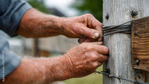 Low-Angle View of Contractor Using Winch to Straighten Fence