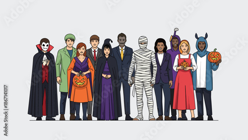 Group of diverse people celebrate halloween in creative costumes including a vampire, witch, and a spooky mummy.