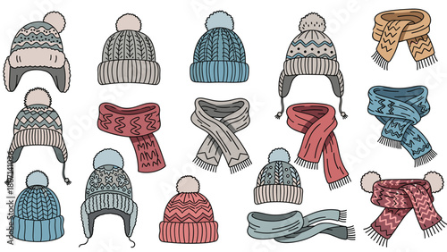 Set of winter clothing accessories features various knit beanies with pom poms and matching patterned wool scarves.